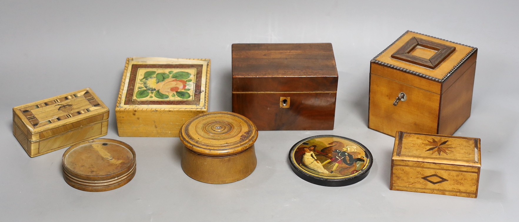 A selection of 19th century treen boxes, tallest 9cm, (7)